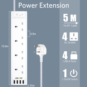 LENCENT 5-meter 8 in 1 Extension Lead 4 Way Outlets Power Strip with 3 USB Ports 1Type C Port Multi Plug Charging Station with 5M Braided Extension cord for Home Office 13A