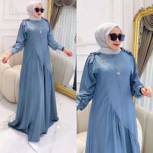 Balqis Dress Bahan Cringkle Airflow Baju Gamis Polos Fashion Wanita - blue