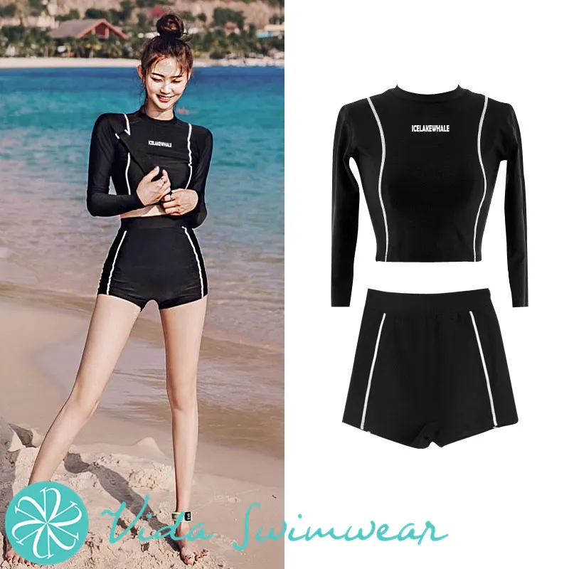 Korean Rashguard Two Piece Swimwear Long Sleeve Swimsuit Beach Wear