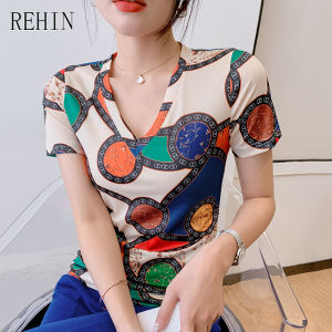 REHIN Womens T-shirt summer new fashion unique prints V-neck cotton short-sleeved shirt All-match bottoming chic top