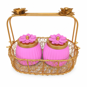 Decorative Metal Jar & Basket | Set 2-Jar | Storage Set with Carry Basket for Serving | Gifting | Navaratri | Diwali