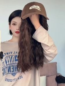 假发帽子一体女款2025新款升级仿真长发时尚慵懒羊毛卷帽檐加大款Wig and Hat Integrated Womens 2025 New Model Upgraded Simulation Long Hair Fashionable Lazy Wool Curled Hat Eaves Plus Large Style