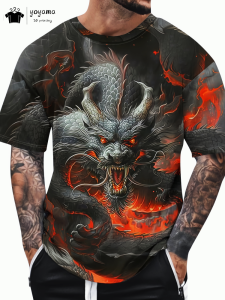 Fashion Dragon Printed T-Shirt Mens Summer Outdoor Mens Short Sleeve Tee Sports Round Neck Mens Clothing Oversized Mens Tops