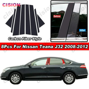 8Pcs Mirror Effect Car Door Middle B C Pillar Panel Post Cover Trim For Nissan Teana J32 2008-2012 Window Center Column Glossy Carbon Fiber Chrome Piano Black PC Material Sticker Styling