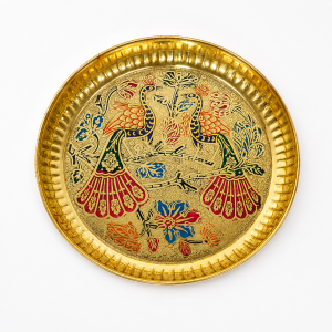 Traditional Brass Peacock Embossed Pooja Thali Plate | Elegant Temple & Home Decor | Perfect for Festivals Weddings & Daily Rituals (Pack of 1 Pc)