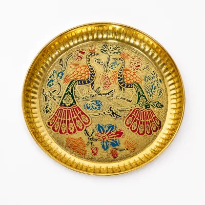 Traditional Brass Peacock Embossed Pooja Thali Plate | Elegant Temple & Home Decor | Perfect for Festivals Weddings & Daily Rituals (8 Inches 1 Pc)