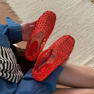 XIXITIAO Niche Fashion Fishnet Jelly Shoes European and American Hollow Mesh Flat Sandals Vacation Beach Clogs for Women ins
