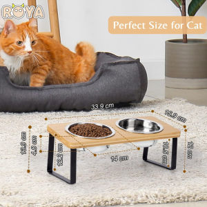 ROYA Cat Bowls for Food and Water Stainless Steel Dog Bowl with wooden Stand