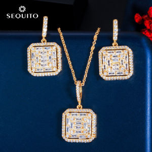 SEQUITO Bộ Trang Sức Tinh Tế Cho Nữ Bông Tai Thả Vuông Rỗng Zirconia Mạ Vàng Ả Rập Đi Tiệc Quà Tặng Sinh Nhật Vòng Cổ SJ190