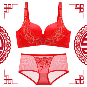 Thin Bridal Red Underwear Suit Birth Year Wireless Womens Bra Thick Push up Wedding Bra Panties ☺1130