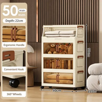 inhom 3-5 Layer Foldable Storage Cabinet With Wheels Sliding Door Plastic Organizer Box For Storage