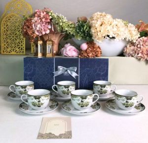 Cangkir Keramik Set Green Peony 6 pasang