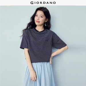 GIORDANO Women T-Shirt Bow 100% Cotton Embroidered Round Neck Short-Sleeve Pocket Striped Regular-Fit T-Shirt 05326405