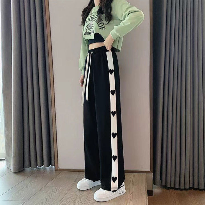 Wide leg pants for girls women Korean style cute love high waist sports  casual trousers