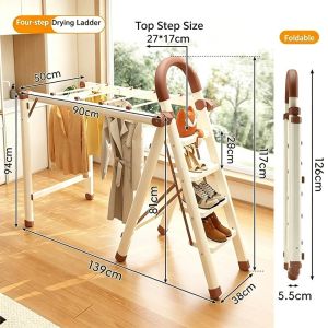 SG StockFoldable Ladder Clothes Drying Rack Multifunctional 2-in-1 Step Ladder Dual-Use Ladder