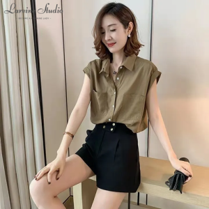 LAREINE Áo sơ mi Áo cánh nữ vải cotton thời trang áo sơ mi ngắn tay Hàn Quốc phong cách giản dị áo ngoại cỡ vừa rộng