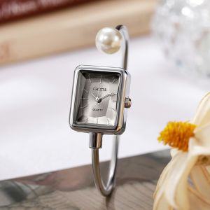 IFFINE Dây đeo ngọc trai Đồng hồ đeo tay Vòng tay mở đồng hồ vuông Đồng hồ đeo tay nữ Thời trang Đồng hồ đeo tay đính ngọc trai Phụ nữ