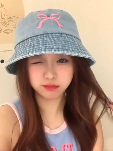Bow Embroidery Solid Vintage Washed Denim Bucket Hat for women Summer outdoors Thick Material Hat