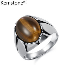 Kemstone cổ điển đá mắt hổ thép titan hình bầu dục trứng hình học đúc Vòng cho nam giới