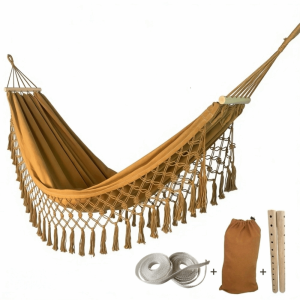 MINIFELE 262 Bohemian Style Double Hammock Anti-Rollover Canvas Camping Hammock Stylish Tassel Garden Swing Hammock Outdoor