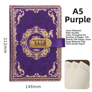 LIVELYN PU Combination Lock Notebook Lined Pages Vintage Style Embossed Cover Pen Loop Locking Journal Personal Journaling