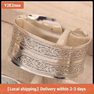 【Local shipping】 Bohemian phong cách dân tộc Retro Bạc rộng vòng đeo tay cho phụ nữ chạm khắc hoa mở vòng đeo tay thời trang Boho đồ trang sức cổ điển