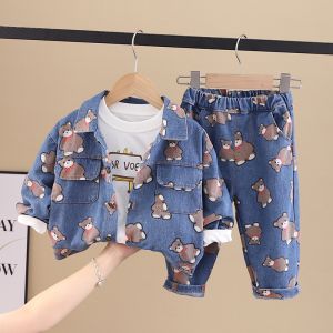 เสื้อแจ็กเก็ตยีนแขนยาว พิมพ์ลายการ์ตูนหมีน่ารัก และกางเกงยีนขาสามส่วน สไตล์เกาหลี สําหรับเด็กผู้ชาย และเด็กผู้หญิง [ไซซ์ 80-120 ซม.]♢X1105