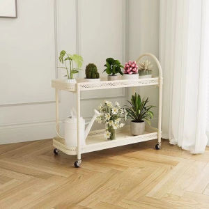Cream Mobile Living Room Flower Stand Balcony Multi-layer Iron Art Flower Pot Storage Rack Floor-standing Indoor Succulent Flower with Wheels