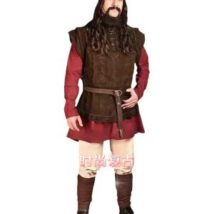 European and American Fashion Retro Mens Vest Performance Costume with Lace Decoration Round Neck Short Sleeve Casual Hunter Outdoor