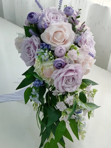 Cascading Wedding Bridal Bouquet Waterfall Artificial Taro Purple Rose Lavender Holding Flower with Long Ribbon Decor
