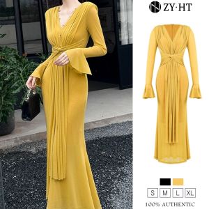 ZYHT EraVogue Womens Dresses Black Yellow Flared Sleeve Dresses V-Neck Dresses Hiso Dresses Vintage Dresses Occasion Dresses Party Dresses French Dresses 21105