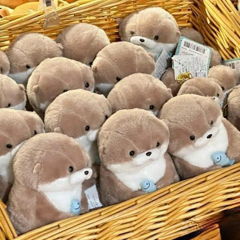 Cartoon Otters with Fish Plush Keyrings 12cm - Cute Kawaii Hanging Pendant for School Bag Wallet Charms Creative Chain Accessory