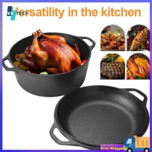 [ VKTECH ] 2 in 1 Iron Dutch Oven Pot with Dual Handles for Bread Baking