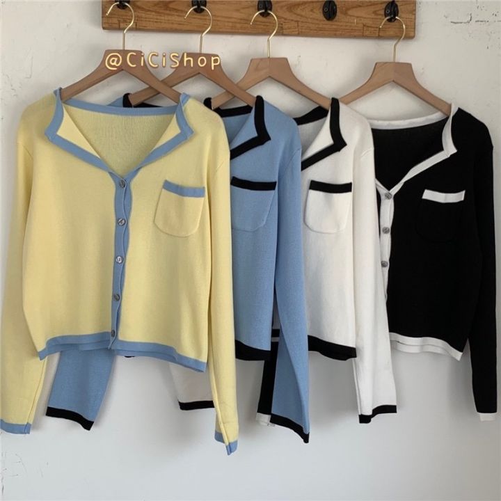 Cici(7939-1)เสื้อแขนยาวไหมพรมสีทูโทน ดีเทลกระเป๋าตรงอกใส่เดี่ยวๆหรือ ...