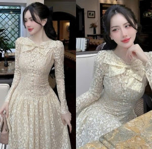 Đầm công sở váy đi tiệc đầm Maxi dáng dài Chất Ren hoa đính nơ cổ tròn tay dài cao cấp