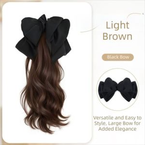 BEAUTYLADIES Synthetic Wavy Hair Ponytail with Black Bow Wig Elegant Claw Clip Curly Ponytail Extensions Sweet Layered Hairpiece with Removable Bow for Women