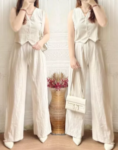 Revlyn Oneset Katun Rami Set Vest + Long Pants Outfit Viral Kekinian Stelan Celana Korean Style COD