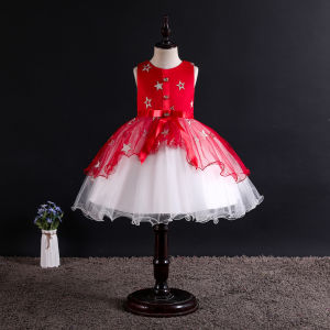 5 Color 6 Size Baby Girls Dress Bow Birthday Party Shiny Little Star Embroidery Layered Girls Dress Tutu Dress Girl Kids Clothes Girls Birthday Gift Wedding Party Girls Photoshoot Costume Age 2 3 4 5 6 7 8 9 10