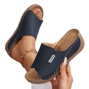 [Free Shipping] Wide-Toe Thick-Soled Striped Minimalist Plus-Size Wedge-Heeled Slippers – Fashionable And Casual Women’S Slippers