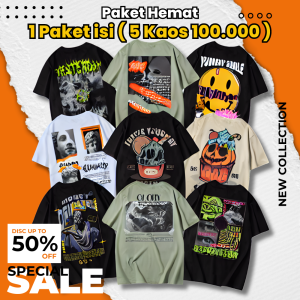 Paket Hemat 5 PCS Kaos Pria Modern Motif Grafis Lengan Pendek - Baju Casual