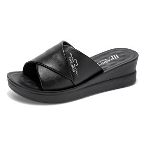 รองเท้าแตะส้นตึกสำหรับผู้หญิงสไตล์เกาหลีหนังสไตล์พียูไซส์35-41รองเท้าแตะกลางแจ้งลำลองสีดำสีเบจ