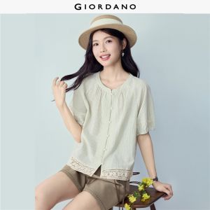 Giordano Women Lace trim striped short sleeve blouse Free Shipping 18346005