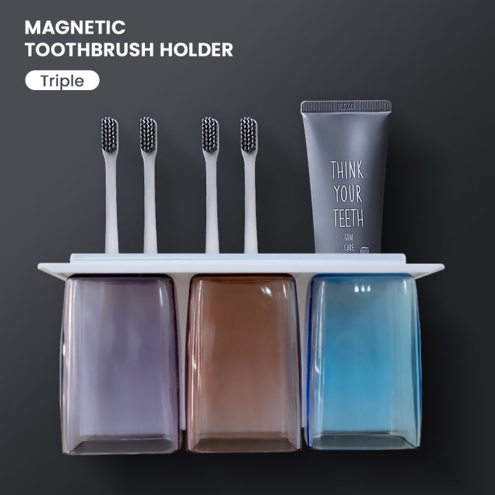 Locaupin Wall Mounted Toothbrush Holder With Drainer And Upside Down Magnetic Transparent Cups Bathroom Shelf Organizer