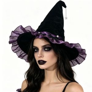 MAOMEI Nơ satin Mũ Halloween dây chuyền hình ngôi sao Ren Mũ pháp sư Phụ Kiện Cosplay Đỉnh hình chóp nhọn cao Mũ phù thủy Lolita Tiệc Halloween