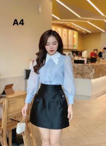 Áo Sơ Mi Tay Dài Cổ Cánh Tiên Tay Voan Dễ Thương Phong Cách Hàn Quốc Cho Nữ-A4 Màu Xanh