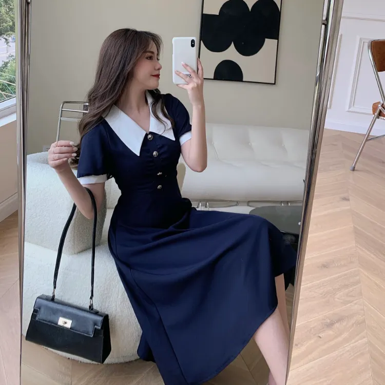 summer black long dress korean style plus size puff sleeve plain elegant  casual dress dinner dress women for party aesthetic loose fit cocktail dress  navy blue V-Neck A-Line Polyester Dress - Lazada |