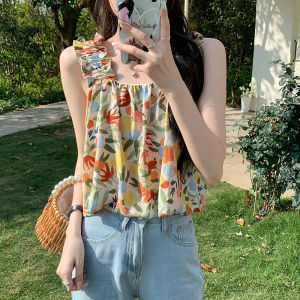 เสื้อแฟชั่น Missliu สำหรับผู้หญิงเสื้อชีฟองแขนกุดมีสายรัดลายดอกไม้แยกส่วนเสื้อกล้ามฤดูร้อน2025