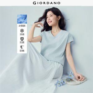 GIORDANO Women T-Shirts Cooling Antibacterial Tee V-Neck Short Sleeve Fashionable Casual Basic T-Shirts 05326399