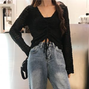 🦋 VEVE Women Korean Style V Neck Long Sleeve Summer Casual Simple Sweet T-shirt Tops Hollow Fashion