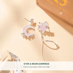 SINLISH Star & Moon Asymmetrical Earrings Pink Gradient Crystal Premium Zircon Diamond Jewelry (one pair)